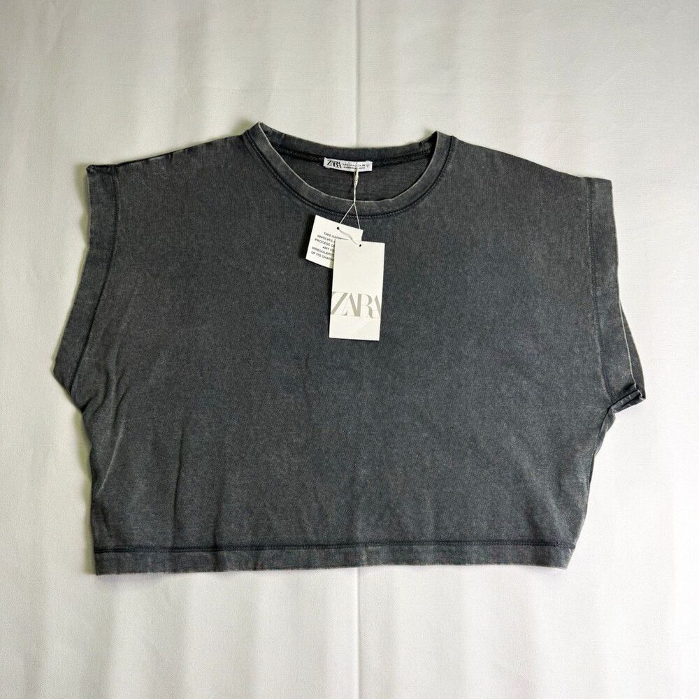 Zara Women's L Gray Cropped Shoulder Pad Knit Cotton Crew Neck Sleeveless Tee